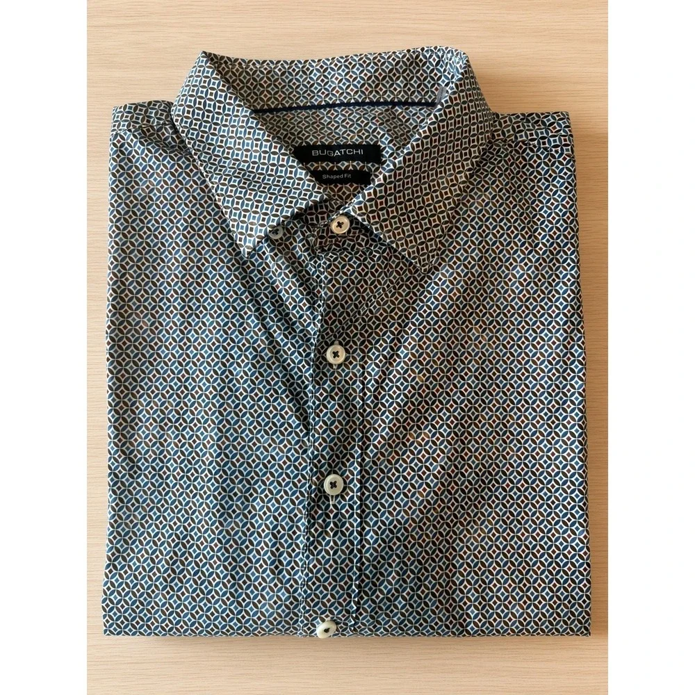 Bugatchi Shaped Fit Mens XXL Long Sleeve Shirt Geometric Print Blue Brown
